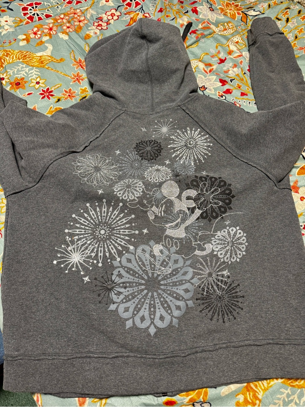 Disney Gray Hooded Sweatshirt with Firework Mickey Graphic. Distressed look.